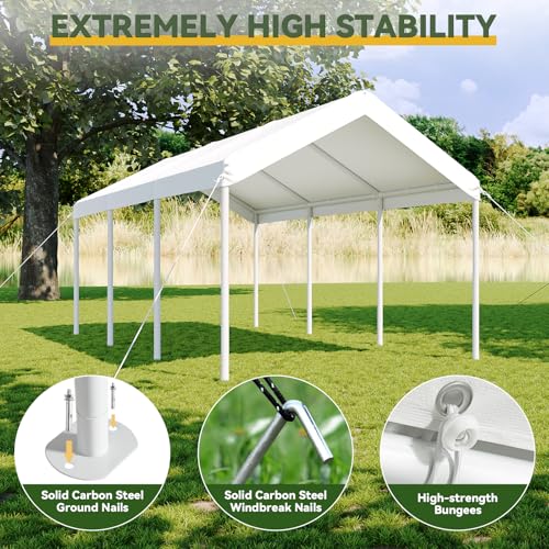 Aoxun 10x20 FT Carport Heavy Duty Car Canopy with Tarp & Wind Resistance Portable Garage Car Tent Outdoor Car Port with Tear Resistant Canopy, No Sidewall - Milky White Aoxun