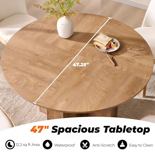 OKD 47" Round Dining Table for 4 People, Modern Pedestal Kitchen Table with Stable Cross Base & Thick Wood Top, Circle Dinner Table for Dining Room, Kitchen, Living Room, Light Tree Knot (Table Only) OKD