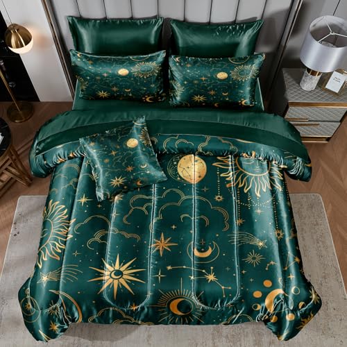 Sun and Moon Comforter Set Blue Green Satin Bedding King Stars Cloud Galaxy Comforter Mysterious Celestial Theme Silk Like Silky Bed in A Bag with Comforter and Sheets Bedorm