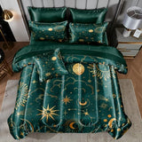 Sun and Moon Comforter Set Blue Green Satin Bedding King Stars Cloud Galaxy Comforter Mysterious Celestial Theme Silk Like Silky Bed in A Bag with Comforter and Sheets Bedorm