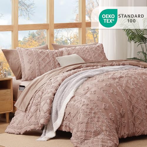 WRENSONGE Full Size Comforter Set with Sheets - 7 Pieces Rusty Pink Tufted Bed in a Bag Full Shabby Chic Bedding Sets with 1 Comforter, 2 Sheets, 2 Pillowcases & 2 Shams WRENSONGE