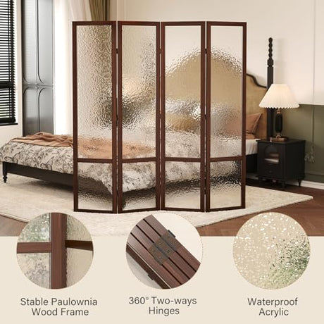 Acrylic Room Divider, 4-Panel Freestanding Partition Screen, Frosted Translucent Privacy Panel - Lightweight Modern Divider for Home Office Studio (Walnut, 4 Panels) Svimi