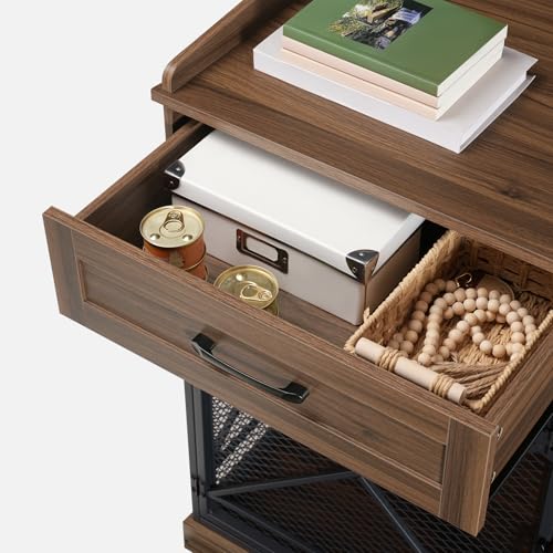 HOOBRO Heavy Duty Dog Crate Furniture, 39.4” Dog Kennel with Drawers, Wooden Dog Cage Indoor Side End Table for Medium Large Dogs, Triple Door Design, Walnut and Black WL106GW03 HOOBRO