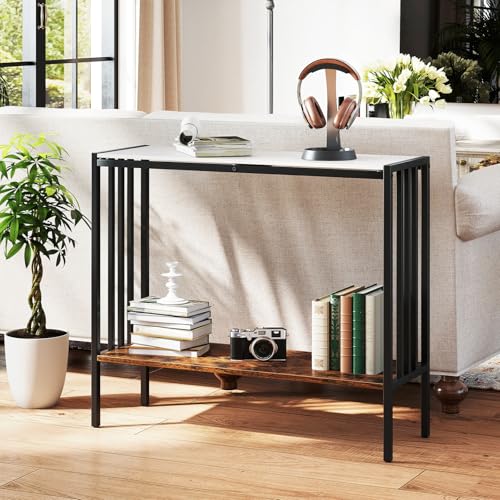 Giantex 36" Narrow Console Table, 2-Tier Industrial Entryway Table with Open Storage Shelves & Metal Frame, Faux Marble Sofa Table Behind Couch for Living Room, Hallway, Foyer, White & Rustic Brown Giantex
