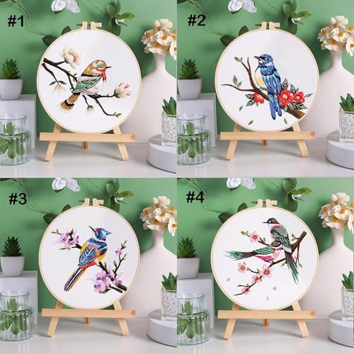 Huacan Embroidery Kits for Adults Beginner - 4 Pcs Floral Pattern Stitching Printed Bouquet DIY Sewing Kit 7.9 x 7.9 Inch (Bird 1)