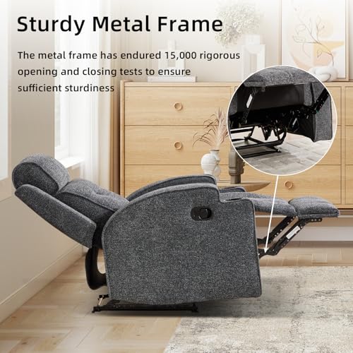 CAMMOV Manual Recliner Chair, Single Sofa Recliners with Overstuffed Back, Manual Fabric Recliner with 2 Cup Holders, Single Reclining Sofa Recliner for Living Room Theater Seating,Grey