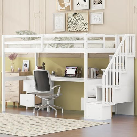 Harper & Bright Designs Twin Size Loft Bed with Stairs and Desks, Wood Loft Bed Frame with Storage Drawers, White Harper & Bright Designs