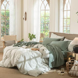 MooMee Bedding Sheet Set 100% Washed Cotton Linen Like Textured Breathable Durable Soft Comfy (Heathered Green, Queen) MooMee