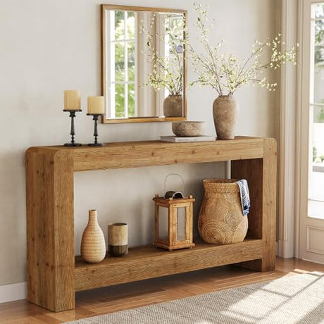 TRIBEWOOD Solid Wood Console Table with Storage, 63-Inch Farmhouse Entryway Table, 2-Tier Narrow Sofa Console Behind Couch, for Living Room, Hallway, Foyer, Rustic Brown TRIBEWOOD