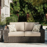 Signature Design by Ashley Coastline Bay Casual Weather Resistant Outdoor Loveseat with Cushion and 2 Throw Pillows, Beige & Dark Brown Signature Design by Ashley