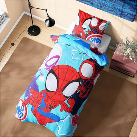Marvel Spiderman Duvet Cover and Pillowcase Set for Single Bedding, Bedroom Accessories for Kids Teens (Blue Spidey) Marvel