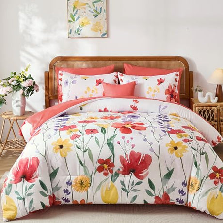 Anibedding 8Pieces Queen Comforter Set, Pink Red Watercolor Floral Queen Size Bed in a Bag Comforter Set with Pillowcase, Sheets for All Season Anibedding