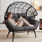 CHINNLUU Double Egg Chair Outdoor Indoor 2 Person Wicker Egg Lounge Chair with Foldable Cup Holder Cushion Rain Cover Patio Oversized Loveseat for Balcony Porch Backyard