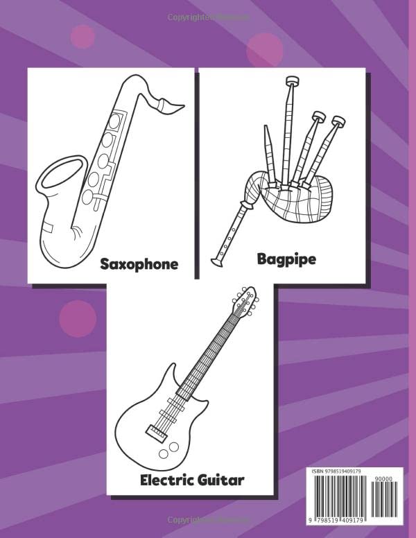 Music Instruments Coloring Book For Kids: 30 easy music instruments pa ...