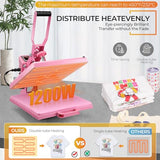 Whubefy Heat Press 15x15 Slide Out, Industrial-Quality Clamshell Sublimation Heat Transfer Machine with 5 DTF Transfer Sheets, Digital Heat Press Machine for T Shirts/Bags/Pillows/Mouse Pad (Pink) Whubefy
