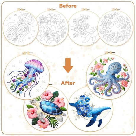 BEUNITONE 4 Pack Beginner Embroidery Kit for Adults, Mysterious Marine Animals Flowers Pre-Stamped Pattern Needlepoint Kits with Hoop & Instruction, Hand Embroidery Kits for Fabric and Home Decor BEUNITONE