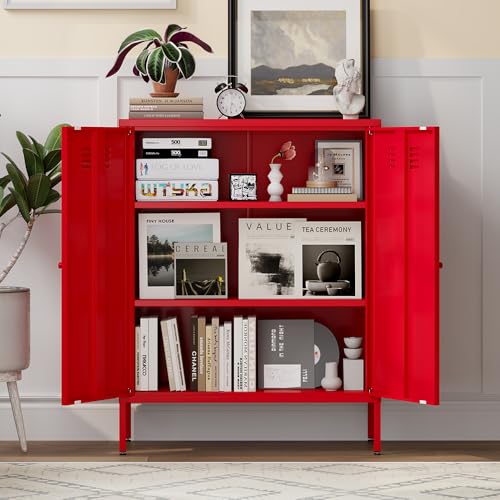 LINGZOE Red Metal Locker Storage Accent Cabinets with 2 Adjustable Shelves, 3 Tier Metal Storage Cabinet with Legs, Steel Cupboard Lockers for Kids Bedroom, Home, Office, Entryway, Kitchen LINGZOE