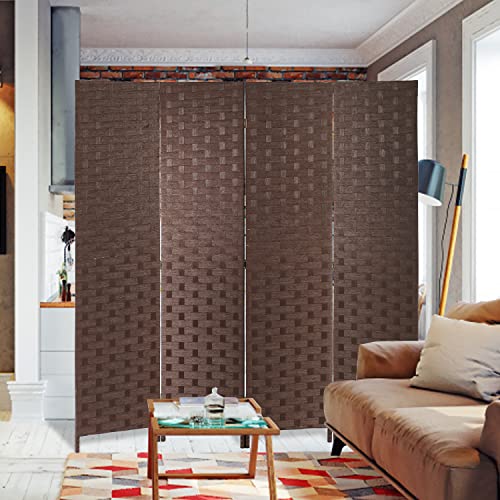4 Panel Room Divider Privacy Screen 72 Inch Wooden Folding Dividers Wall Portable Hand Craft Wood Rattan Mesh Woven Room Screen for Office Patio (Brown) Ckofgdsue