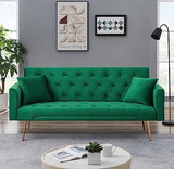 72"Modern Velvet Sofa Bed Futon,Convertible Folding Sleeper Bed Couches with 3 Adjustable Backrests,Tufted Recliner Love Seat with Golden Chrome Legs for Living Room Apartment Office (Green+pillows) Anwick