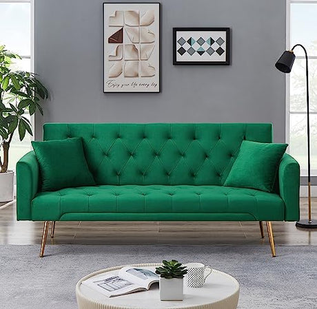 72"Modern Velvet Sofa Bed Futon,Convertible Folding Sleeper Bed Couches with 3 Adjustable Backrests,Tufted Recliner Love Seat with Golden Chrome Legs for Living Room Apartment Office (Green+pillows) Anwick