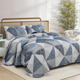 Dintszyayue King Size Quilt Blue, 3 Pieces Patchwork Bedspread Bedding for King Size Bed, Soft Lightweight Microfiber Geometric Coverlet Set for All Season Quilts with 2 Pillowcases Dintszyayue