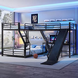 KLMM Twin Over Full L-Shaped Metal Triple Bunk Bed with Twin Size Loft Bed,Slide and USB Ports,for Kids Teens Adults Bedroom Use (Black/Slide, Twin Over Full) KLMM