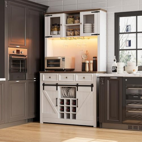 GAOMON 72" Coffee Bar Cabinet with Power Outlets and LED Lights, Sliding Barn Doors, Kitchen Buffet with Wine Storage, Modern Farmhouse, Ample Storage for Home Bar, Microwave, White GAOMON