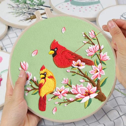 Nuberlic 3 Pack Embroidery Kit for Beginner Adults, Cross Stitch Set with Cardinal & Blue Bird Patterns, Includes Cloth, Hoops, Threads, Needles, Instructions