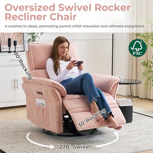 Rhevoy Oversized Power Recliner Chair Swivel Glider with Massage and Heat, Rocker Nursery Recliner for Adults with Adjustable Headrest, 26" Extra Wide Nursery Chair with Overstuffed Armrest,Pink