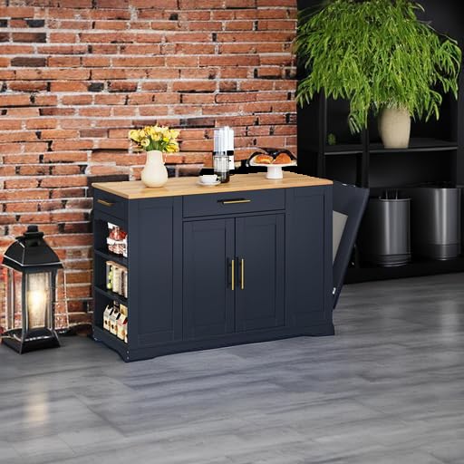YITAHOME 53 inch Large Rolling Kitchen Island with Trash Can Storage Cabinet, Portable Mobile Islands Table Long Floating Movable w Wheels Cabinet for 13 Gallon Garbage Bin 2 Drawer, Navy Blue YITAHOME