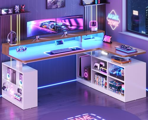 SEDETA L Shaped Electric Standing Desk, 63 inch Gaming Computer Desk with Storage Shelves and LED Lights, Height Adjustable Office Desk with Power Outlet and Pegboard, Brown Desktop SEDETA