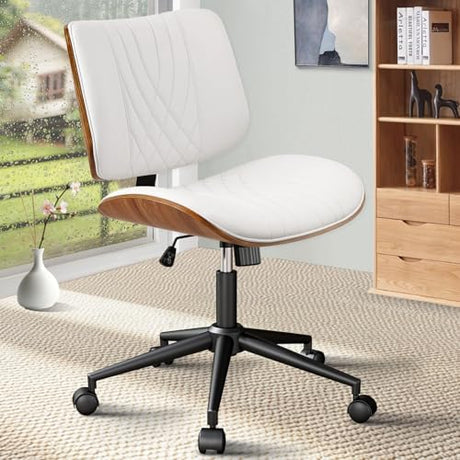 CLATINA Armless Home Office Chair, Desk Chair with Wheels, Adjustable Height Reading Chair, Leather Mid Back & Swivel Computer Chair, Modern Walnut Chairs with Back for Studio Meeting Room(White) CLATINA