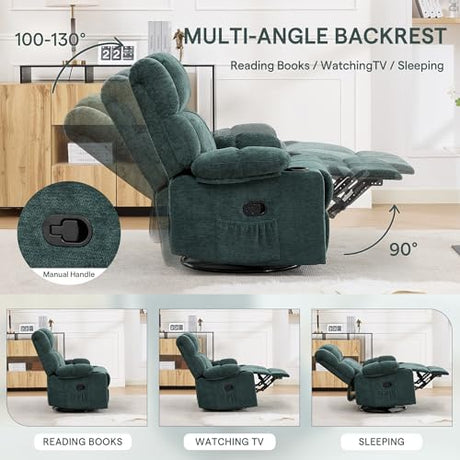 Coziture Swivel Rocker Recliner,Rocking Reclining Chair with Adjustable Headrest for Adults,Upholstered Fabric Swivel Recliner Chair for Bedroom,Living Room,Green Coziture