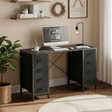 DUMOS 47 Inch Computer Desk with 8 Fabric Drawers, Office Gaming Desk with Storage, Writing Study Table with X-Shaped Reinforced Structure, Black DUMOS