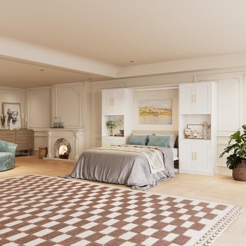 Bobve Farmhouse Murphy Bed Queen, 85" Wall Bed Folds to Save Space, Concealed Bed Frame with 2 Storage Cabinets and Wall Mounted Features for Apartment/Office/Guest Room Bobve