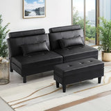 DRMBOOK Convertible Futon Sofa Bed Set with Storage Ottoman, Adjustable Recliner Sleeper Sofa Bed with Side Pocket, Comfy Futon Couch with Table for Living Room, Dorm, Office (Faux Leather, Black) DRMBOOK