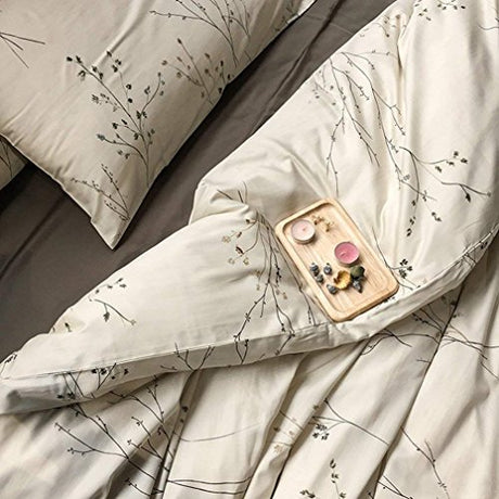 Eikei Modern Vintage Retro Mod Print Bedding Egyptian Cotton Duvet Cover Set Minimalist Chic Botanical Design Asian Zen Style Reversible Pattern in Full Queen or King Size (King, Neutral Tan) Eikei