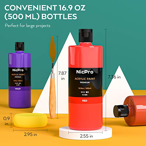 Nicpro 14 Colors Large Bulk Acrylic Paint Set (16.9 oz, 500 ml) Non Toxic Art Painting Supplies for Multi Surface Fabric Canvas Wood Leather Stone, Craft Paint for Kid & Adult with Color Whee - WoodArtSupply