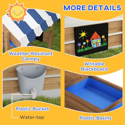 Outsunny Wooden Sandbox with Canopy, Kids Sand Pit with Liner, Blackboard, Sink, Playset, Flags, House Design, Outdoor Sandbox for 3-7 Years Old, 49" x 46" x 57.5", Brown Aosom