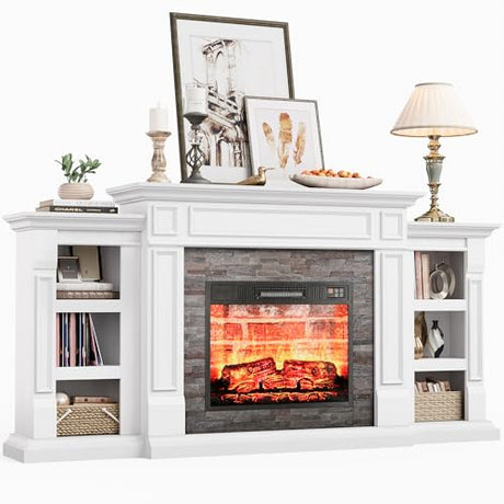 LGHM 72" Electric Fireplace with Mantel, Fireplace TV Stand for TVs Up to 80 Inch, Modern Entertainment Center with Storage, Realistic Stacked Stone Surround with Remote Control for Living Room LGHM
