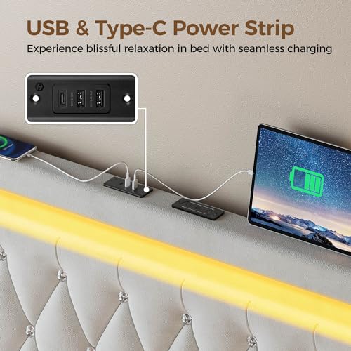 Rolanstar Twin Bed Frame with LED Light and Charging Station, Upholstered High Headboard and Footboard, Wood Slats, Noise Free, Easy Assembly, Beige Rolanstar