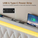 Rolanstar Twin Bed Frame with LED Light and Charging Station, Upholstered High Headboard and Footboard, Wood Slats, Noise Free, Easy Assembly, Beige Rolanstar