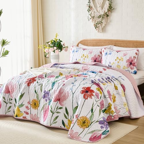 Anibedding Queen Quilt Set, Reversible Pink Floral Bedspread Soft Microfiber Lightweight Queen Size Quilt Bedding Sets Flower Coverlet for All Season(Queen, 96"x90") Anibedding