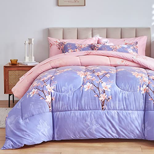 AIKASY Pink and Light Purple Queen Comforter Set with Sheets,Bed in a Bag 7-Pieces,Branches and Flowers Printing Design,Ultra Soft Down Alternative All Season Bedding Set(Queen,Blossom Stem) AIKASY