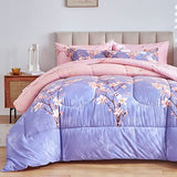 AIKASY Pink and Light Purple Queen Comforter Set with Sheets,Bed in a Bag 7-Pieces,Branches and Flowers Printing Design,Ultra Soft Down Alternative All Season Bedding Set(Queen,Blossom Stem) AIKASY
