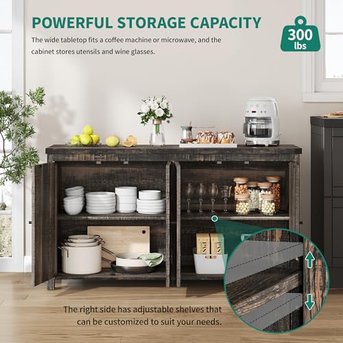 YITAHOME Farmhouse Sideboard Buffet Cabinet with Storage with 4 Doors, 55'' Large Kitchen Storage Cabinet, Wood Coffee Bar Cabinet with Adjustable Shelf for Kitchen, Living Room, Dark Oak YITAHOME