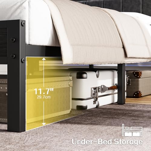 OLEVS Full Size Bed Frame with LED Lights & Charging Station, Modern Platform Bed with Upholstered Storage Headboard, No Box Spring Needed Easy Assembly OLEVS