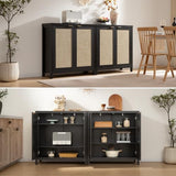 SICOTAS Sideboard Buffet Storage Cabinet - Boho Rattan Credenza Coffee Bar Cabinet with Large Storage, Farmhouse Console Buffet Table for Kitchen Living Room Entryway - 2 Black Pieces SICOTAS