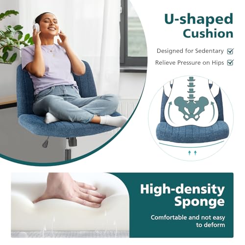 OLIXIS Criss Cross Chair with Wheels Wide Cross Legged Office Desk Vanity Chair Comfy Fabric Armless Adjustable Swivel for Home Computer Task Blue OLIXIS