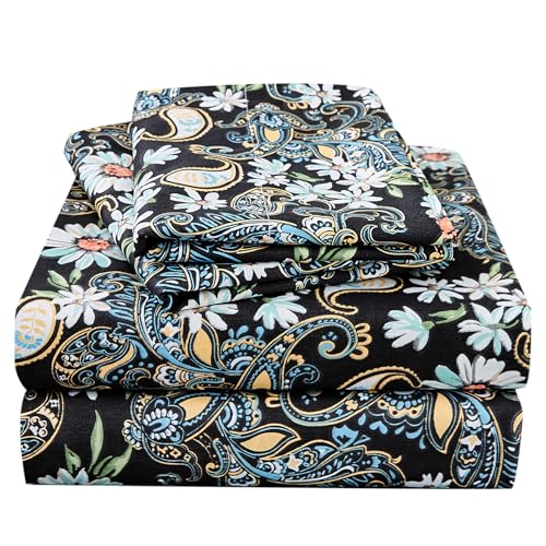 JSD Black Paisley Floral Printed Sheet Set King Size, 4 Piece Soft Pattern Microfiber Sheets Extra Deep Pocket JSD